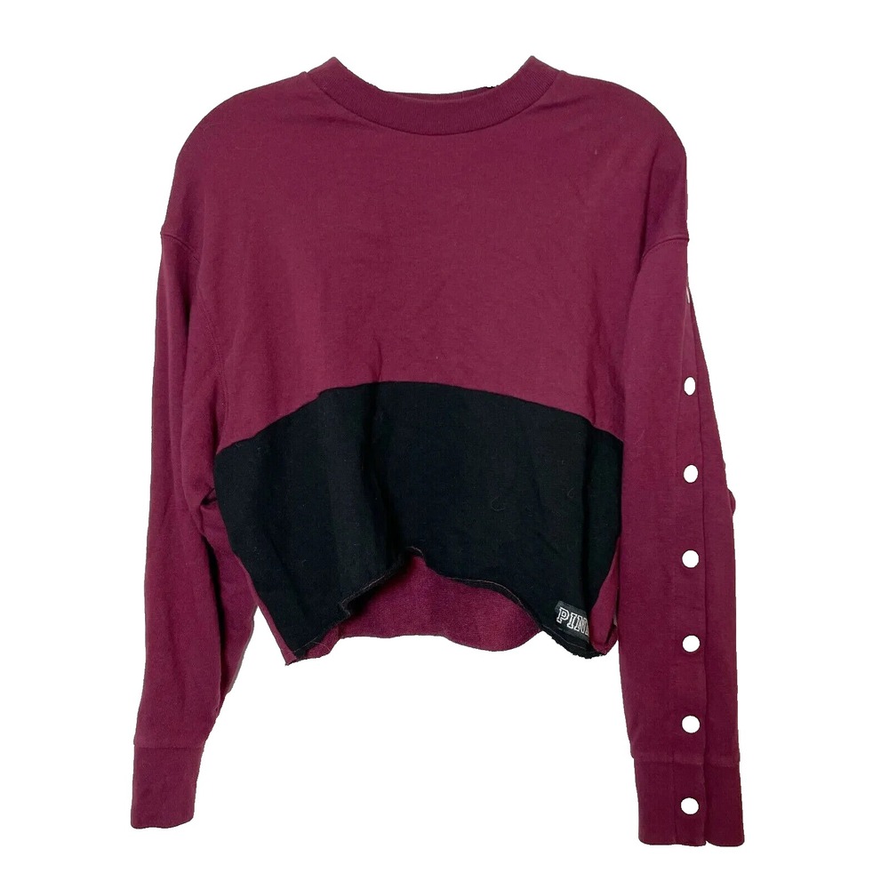Victoria's Secret PINK Cropped Sweatshirt XS Maroon Black Pullover Snap Sleeve